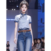 新中式斜襟盘扣国风短袖衬衫女夏季2024独特漂亮蓝色牛仔衬衫