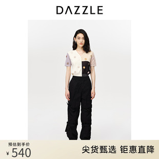 dazzle地素奥莱夏季法式小众，刺绣拼接撞色短袖，针织开衫外套女