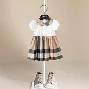 伯米吉2024夏装小童娃娃，领公主裙洋气，女童白色格纹短袖连衣裙
