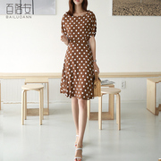 百洛安短袖圆领圆点，连衣裙女夏季韩版时尚，收腰显瘦中长a字裙