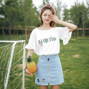 ulzzang2024夏装韩版小清新刺绣荷叶，边喇叭袖短袖t恤上衣女生