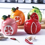 舍里创意家用水果浮雕陶瓷调味罐西瓜造型调料盒个性可爱带盖盐罐