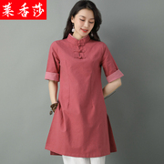 中国风春夏汉服禅意，女装棉麻茶服改良旗袍上衣，养生馆采耳师工作服