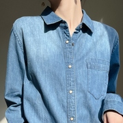 蓝色牛仔衬衫女秋季2023设计感小众显瘦宽松气质翻领长袖衬衣