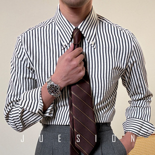 JUESION 意式大尖领扣领条纹衬衫男士长袖免烫易打理商务休闲衬衣