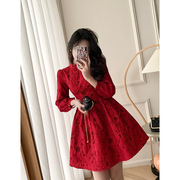 拜年服红色连衣裙女冬装2024女装新年礼服过年喜庆中国风裙子