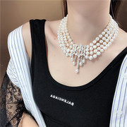 天然珍珠多层项链夸张短款锁骨链女复古欧美时尚名媛颈链