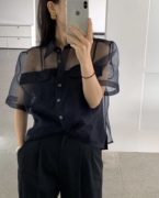 ppshd韩系ins复古小众设计感气质衬衫双口袋，欧根纱透视罩衫上衣夏
