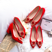 婚鞋女粗跟平底2023新娘鞋绑带大码中式秀禾高水钻(高水钻，)小敬酒礼服