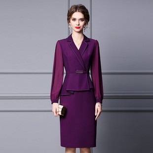 枝荔紫色西装连衣裙成熟知性气质，腰带收腰假两件包臀裙2024年春季