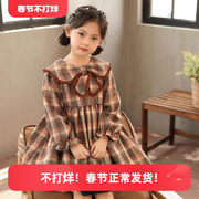 儿童2023秋季韩版女童洋气中大童娃娃领长袖学院风可爱连衣裙