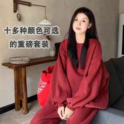 休闲运动服套装女秋冬季慵懒风纯色宽松圆领卫衣束脚裤时尚两件套