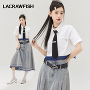lacrawfish学院风白色，衬衫女短袖，2024辣妹牛仔拼接短款上衣