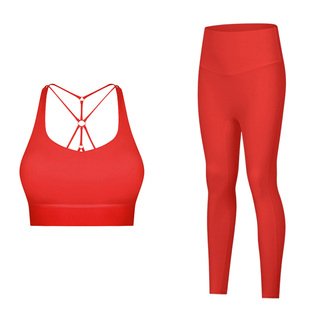 大红色瑜伽服套装女健身内衣跑步速，干透气运动背心高腰长裤夏