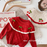女童韩版樱桃针织衫-岁秋季女宝宝，披肩领毛衣儿童开衫