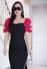 杨杨总裁定制黑色拼接玫红，泡泡袖开叉，显瘦女人味连衣裙