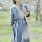 高级感色织亚麻格子法式复古蓝色衬衫裙西装领连衣裙子长裙春夏长