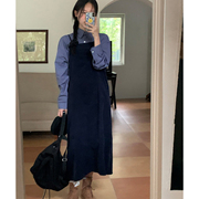 秒发！经典复古韩国翻领单排扣宽松格子衬衫+纯色吊带连衣裙套装