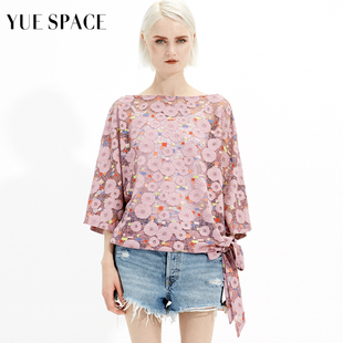 yuespace夏季蕾丝衫，宽松短款套头衫七分袖，女士印花镂空时尚休闲