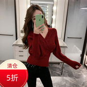 性感V领红色粗毛线毛衣女套头交叉绑带低胸针织开衫收腰短款上衣