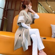 韩国torishop披肩式长款毛针织衫坎肩开衫女装拼色蝙蝠袖外套