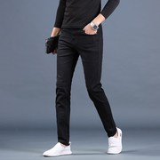 香港2023冬季黑色男士，牛仔裤中腰韩版修身小脚裤潮弹力免烫加绒