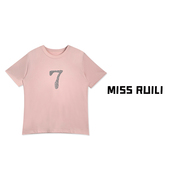 MISS RUILI定制 夏季圆领数字刺绣亮片宽松百搭短袖T恤A6954