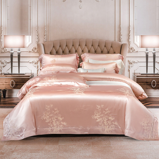 结婚真丝四件套粉色裸睡丝滑床单被套奢华高端婚庆桑蚕丝床上用品