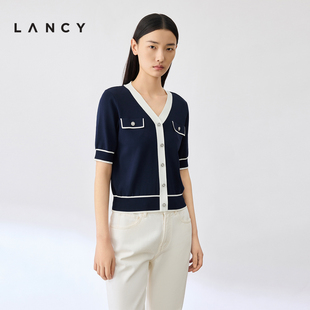 lancy朗姿夏季小香风v领短袖，针织衫女轻薄简约套头修身撞色薄上衣