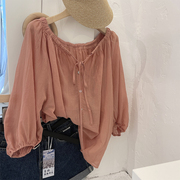 粉色亚麻棉麻女士衬衫夏季高端法式洋气质七分袖泡泡袖娃娃衫上衣