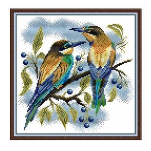 十字绣树枝上两只翠鸟图案清晰印花布棉线动物卧室玄关装饰画