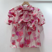 法式洋气甜美玫瑰印花欧根纱衬衫女减龄蝴蝶结设计泡泡袖短袖上衣