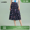 LANDI蓝地藏蓝色印花碎花半身裙女高腰中雪纺中长半裙伞裙夏新品