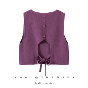 春秋季针织马甲女后背系带外搭衬衣背心V领工字型紫色马夹潮