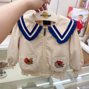 韩国童装23春秋，女宝儿童洋气蓝色花边娃娃，领外套拉链风衣