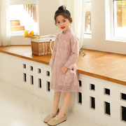 女童中国风蕾丝裙中式连衣裙2024秋装，a字裙儿童复古旗袍式网纱裙
