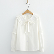 春季韩版学院风白色衬衫，2023女长袖复古娃娃，领甜美蝴蝶结上衣