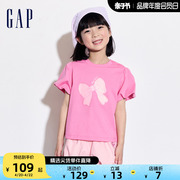 gap女幼童2024夏季蝴蝶结，印花泡泡短袖，t恤儿童装上衣465880