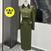 绿色小香风连衣裙套装女秋季2023法式复古吊带裙外套两件套女