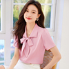 高级感短袖雪纺衬衫女夏季系带，韩版甜美开衫，英伦风衬衫上衣潮