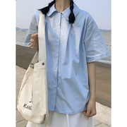 娃娃领蓝色短袖衬衫，日系复古小众设计感休闲衬衣+白色半身裙套装