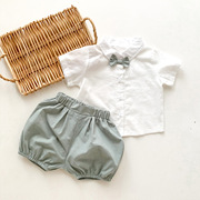 夏季韩版男童套装礼服，0-4岁短袖衬衫短裤带，领结帅气婴儿宝宝周岁