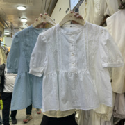 2024夏季短款上衣女纯色宽松泡泡袖白色衬衫清新小众设计感短袖潮