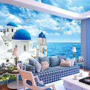 3D海洋宾馆主题墙布酒店餐厅地中海风格墙纸山水背景壁纸海景壁画