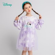 迪士尼童装女童长袖连衣裙春秋款紫色米妮水墨风女孩网纱拼接裙子