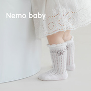 新生婴儿女宝宝袜子夏季薄款纯棉幼儿童网眼松口公主花边无骨长袜
