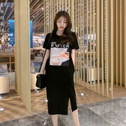 夏时尚(夏时尚)韩版宽松显瘦黑色圆领套头开叉，中长款t恤裙女过膝短袖t
