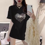 纯棉短袖t恤女中长款2025夏季新款烫钻爱心宽松大码上衣半袖体恤