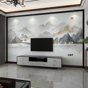 墙纸3d新中式唯美山水电视背景墙，壁布客厅壁纸卧室墙布影视墙壁画