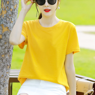 夏季纯棉短袖t恤女装2023年宽松纯色上衣服黄色内搭夏装女士